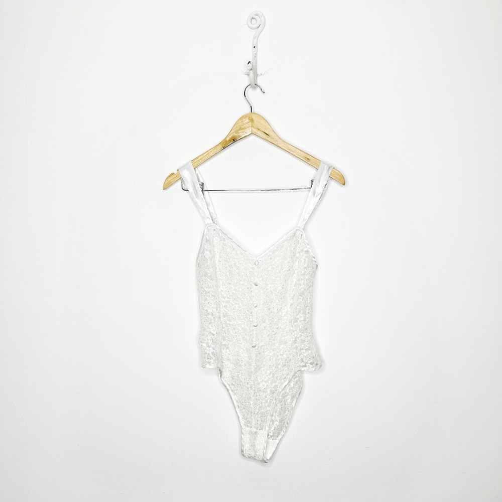 VTG 80s Gold Label VICTORIA'S SECRET WHITE LACE Teddy Semi Sheer high cut SMALL
